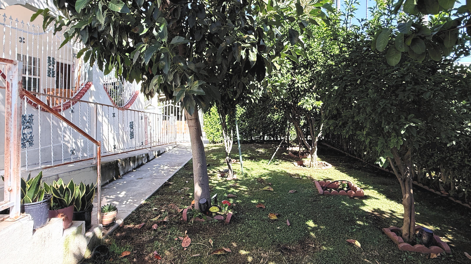The front lawn under mature trees with brick-edged tree rings, a white twisted-bar railing along the house wall and the entry gate beyond.